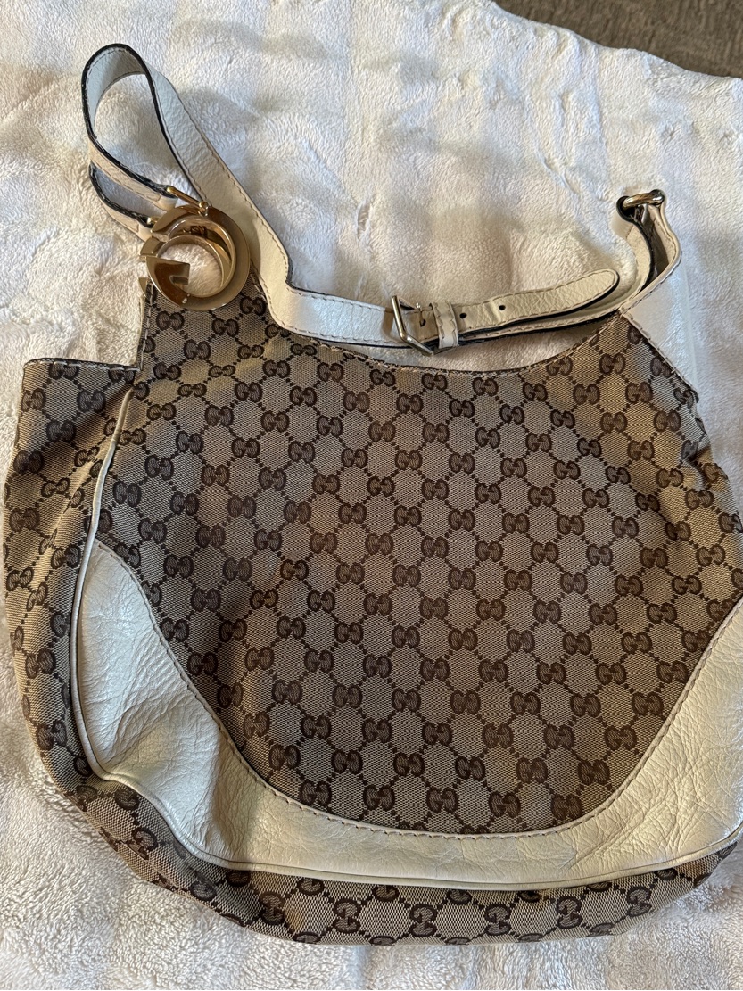 Gucci Brown Monogram Shoulder Bag With White Leather Accents